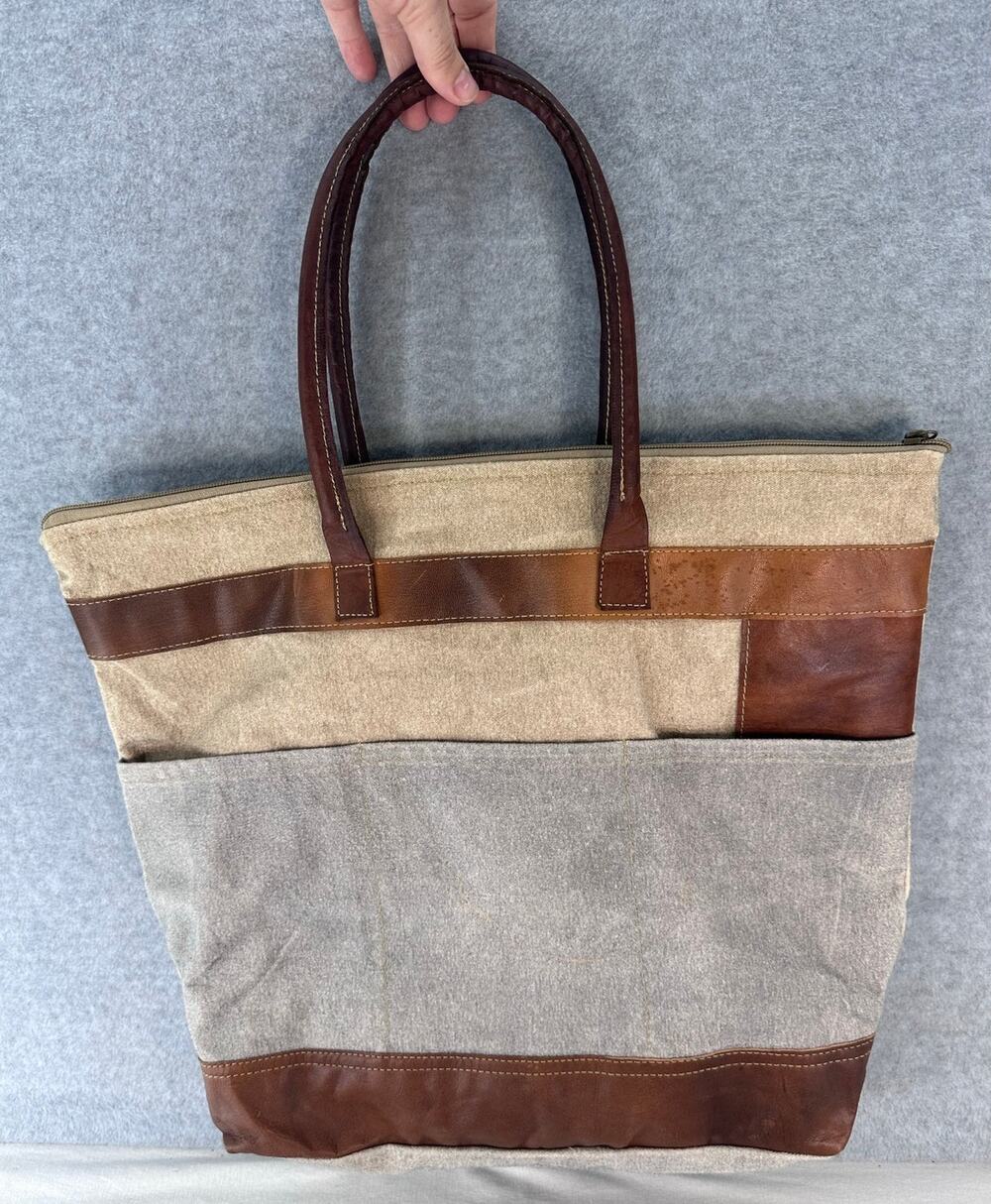 The Barrell Shack Repurposed Canvas Leather Med.Tote Bag Neutral Zip Closure